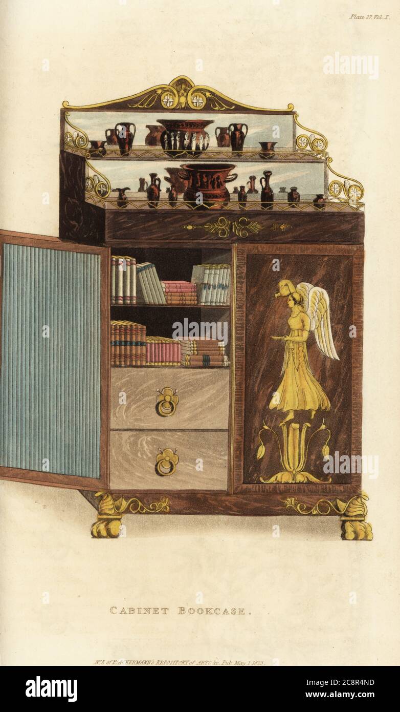 Cabinet bookcase, Regency era. Rosewood cabinet, doors decorated with classical figures in metal gilt, shelves and drawers inside. The top with mirrored steps to display vases. Handcoloured copperplate engraving from Rudolph Ackermann’s Repository of Arts, Literature, Fashions, Manufactures, etc., Strand, London, 1823. Stock Photo