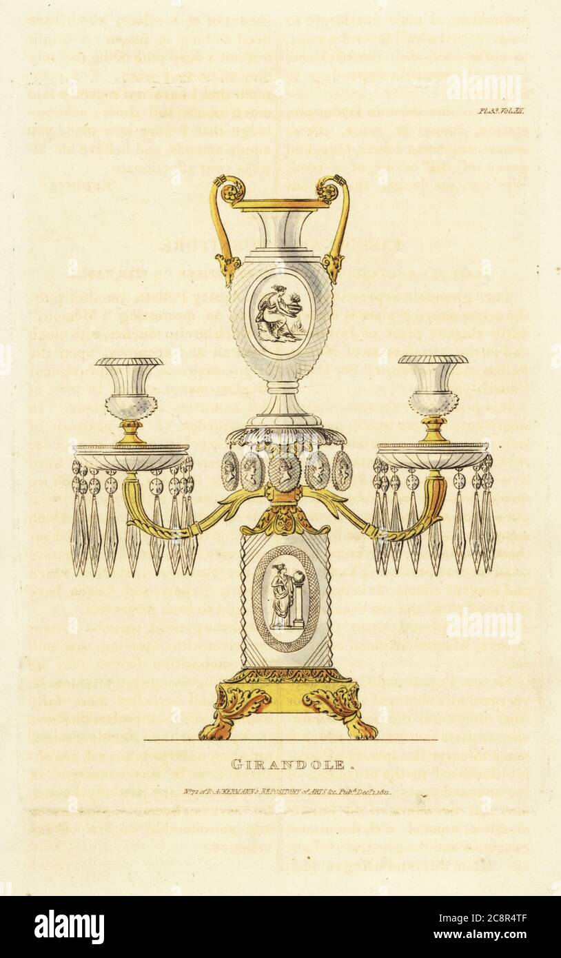 Girandole in cut-glass and gilt designed by Pellatt and Green. It has two lamps, and the vase, medallions and stem is decorated with Apsley Pellatt’s patented glass cameo incrustation or crystallo ceramie. Messrs Pellatt and Green operated a glassware shop in St. Paul’s Churchyard, London. Handcoloured copperplate engraving from Rudolph Ackermann’s Repository of Arts, Literature, Fashions, Manufactures, etc., Strand, London, 1821. Stock Photo