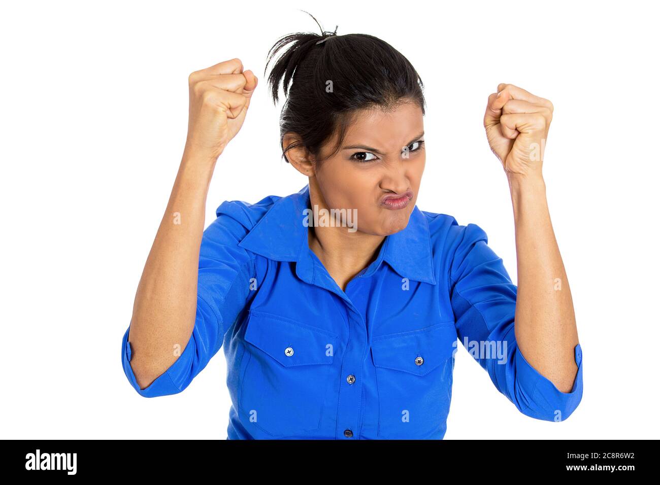 Closeup portrait of a displeased angry grumpy woman with hands in air ...