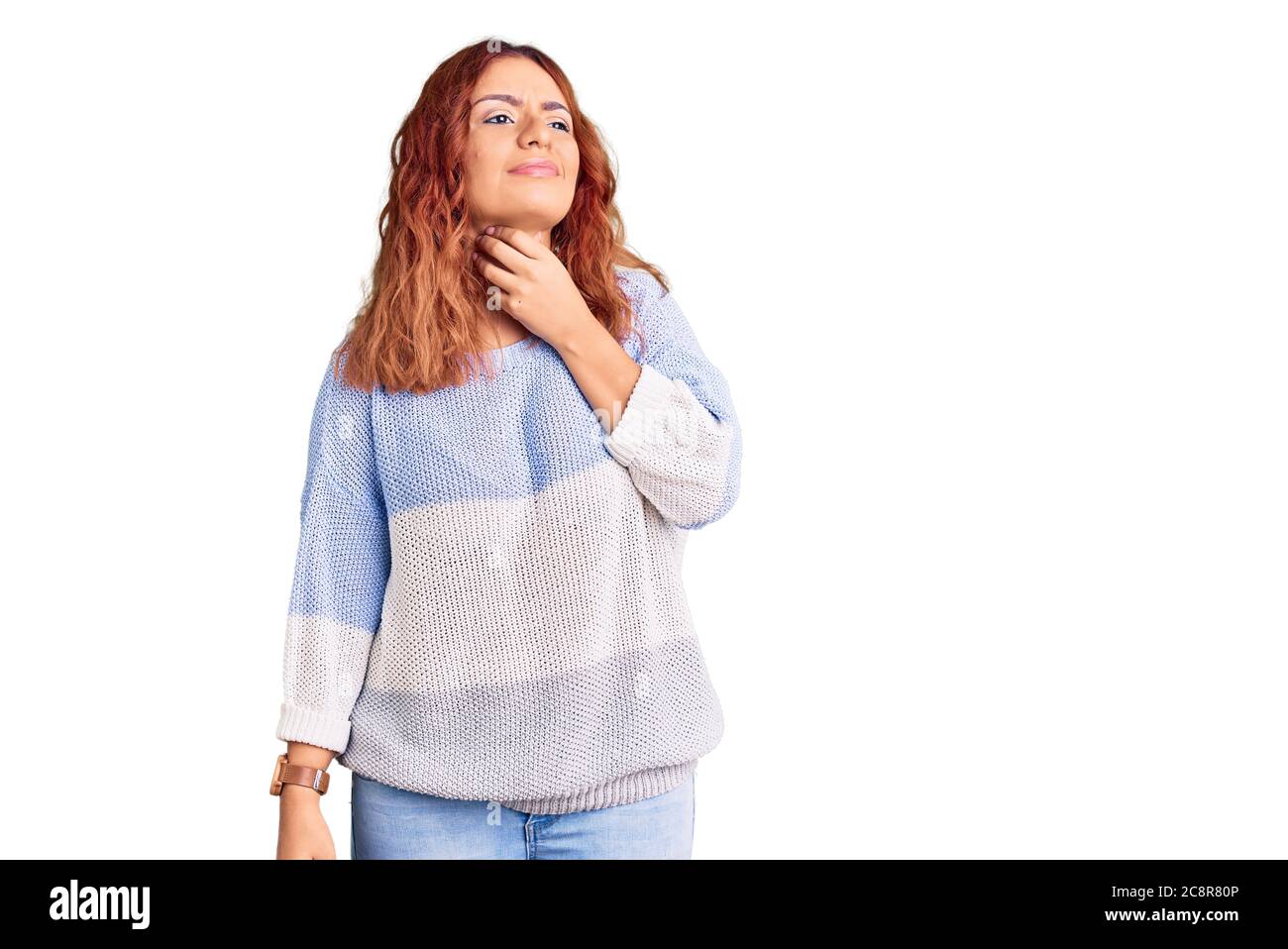 Young latin woman wearing casual clothes touching painful neck, sore