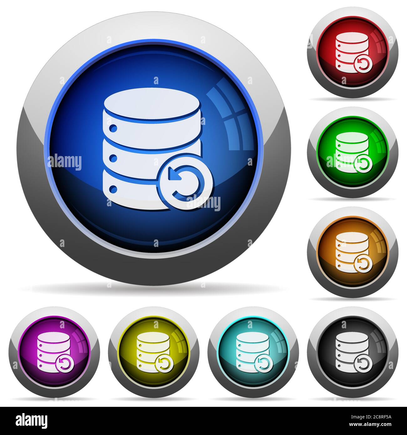 Set of round glossy Undo database changes buttons. Arranged layer structure. Stock Vector