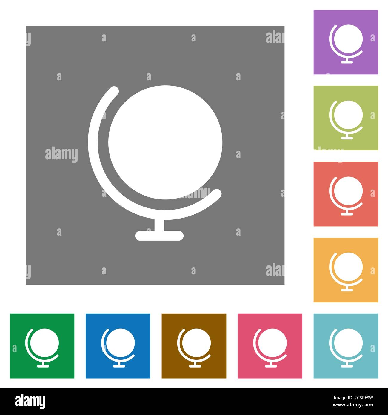 Globe flat icon set on color square background. Stock Vector