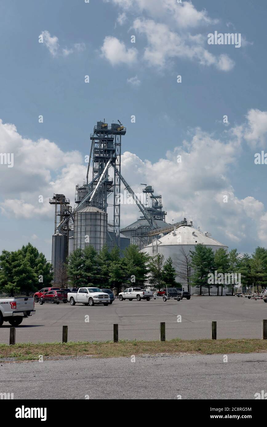 A modern feed grain elevator along the Nanticoke River in Seaford, DE