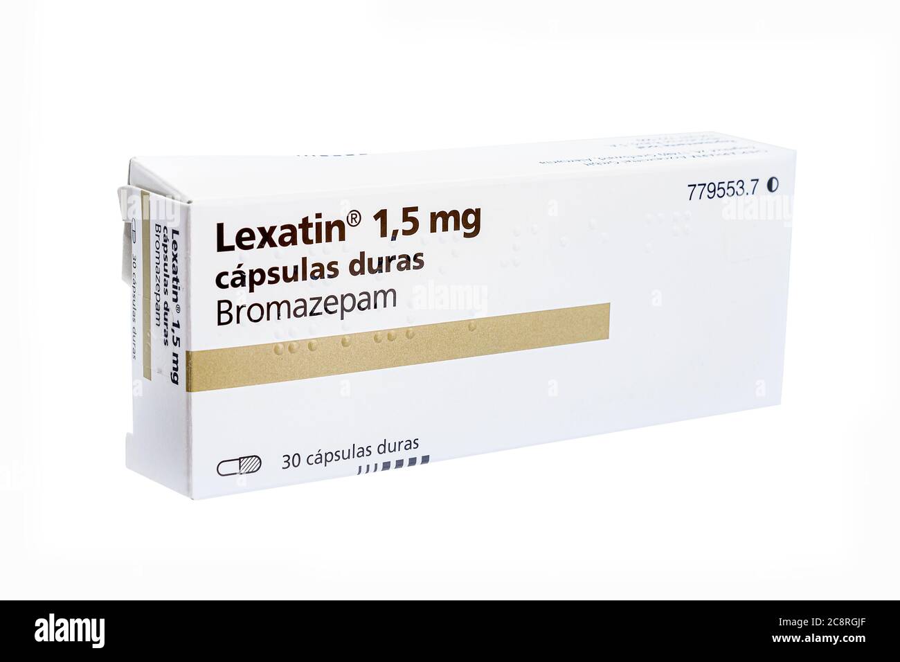 Huelva, Spain - July 23, 2020: Lexatin brand of Bromazepam. A benzodiazepine drug with anxiolytic, sedative, hypnotic and skeletal muscle relaxant pro Stock Photo