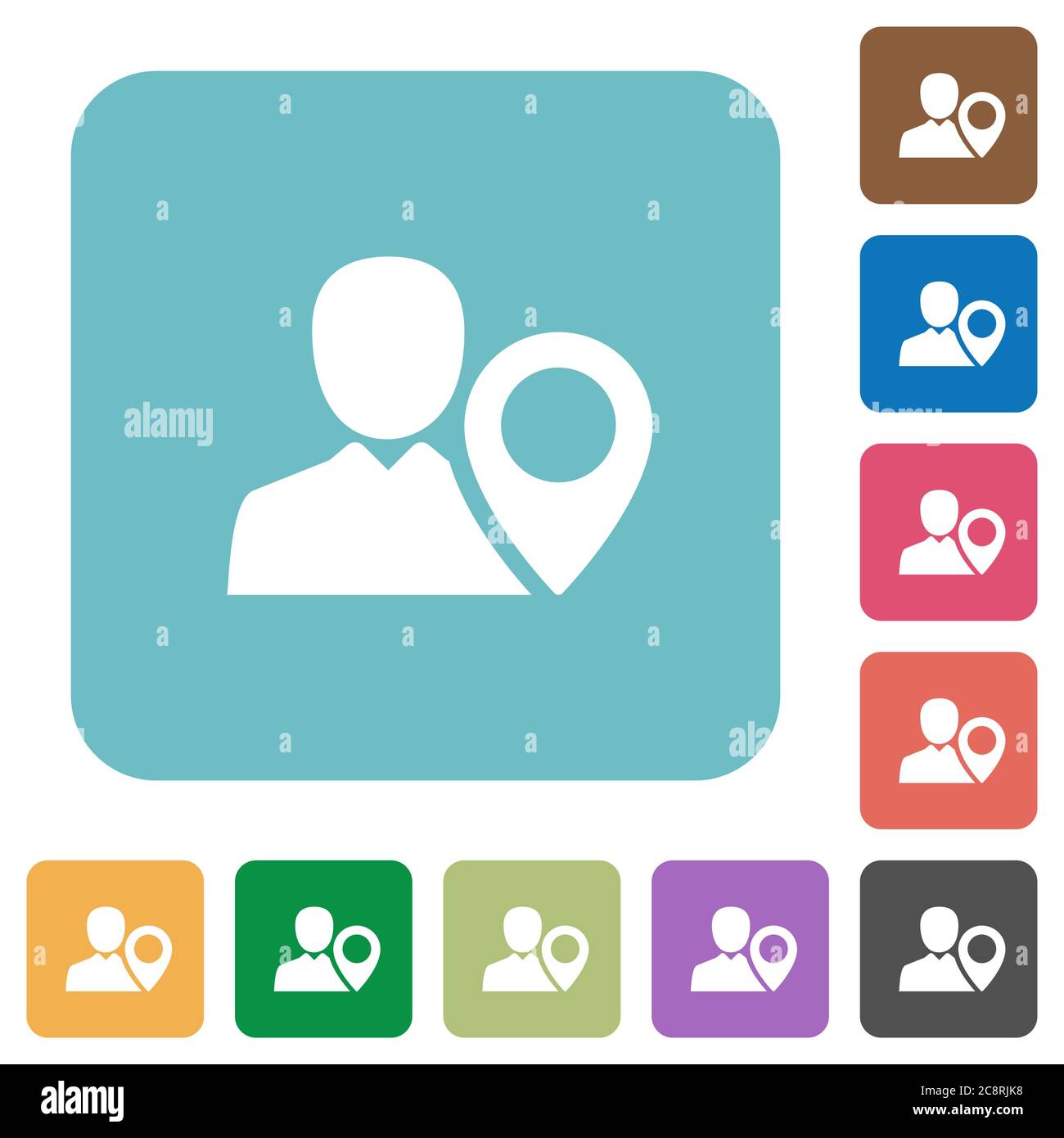 Flat user location icons on rounded square color backgrounds. Stock Vector