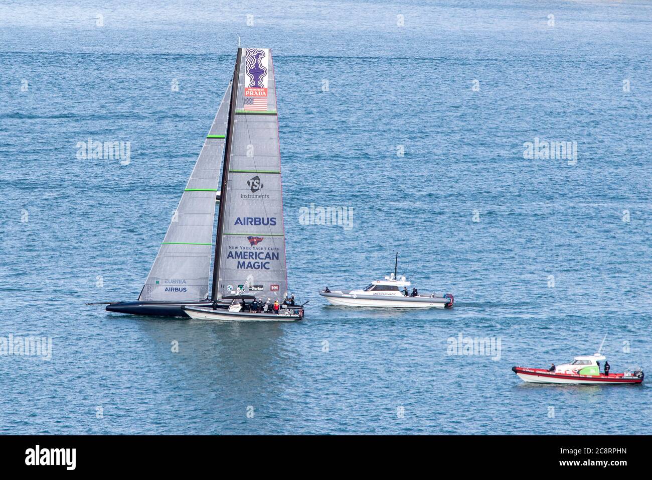 America’s Cup Challenger American Magic takes to the water for testing after arrival in Auckland, New Zealand on July 27 2020 Stock Photo