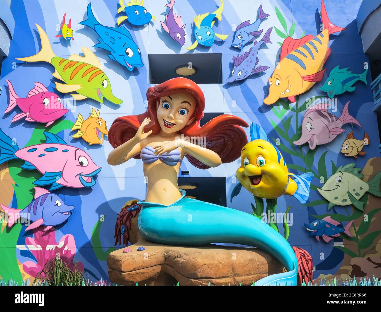 ORLANDO, FLORIDA – December 21st, 2015 – Ariel and Flounder from The Little Mermaid at Disney's Art of Animation Resort in Walt Disney World Stock Photo