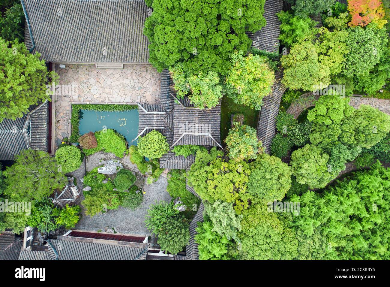 Aerial of Ancient traditional garden, aerial in Suzhou, China Stock