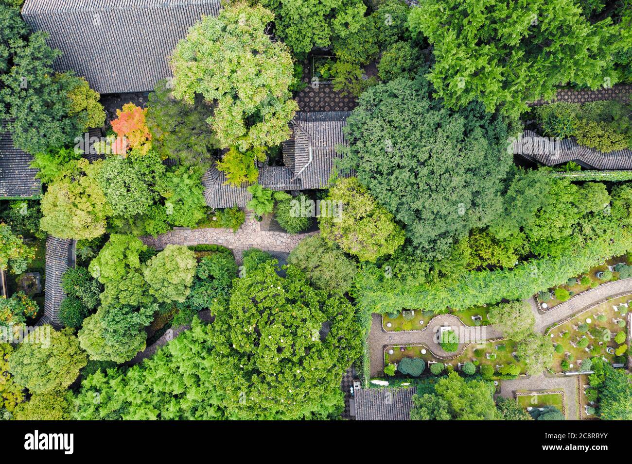 Aerial of Ancient traditional garden, aerial in Suzhou, China Stock