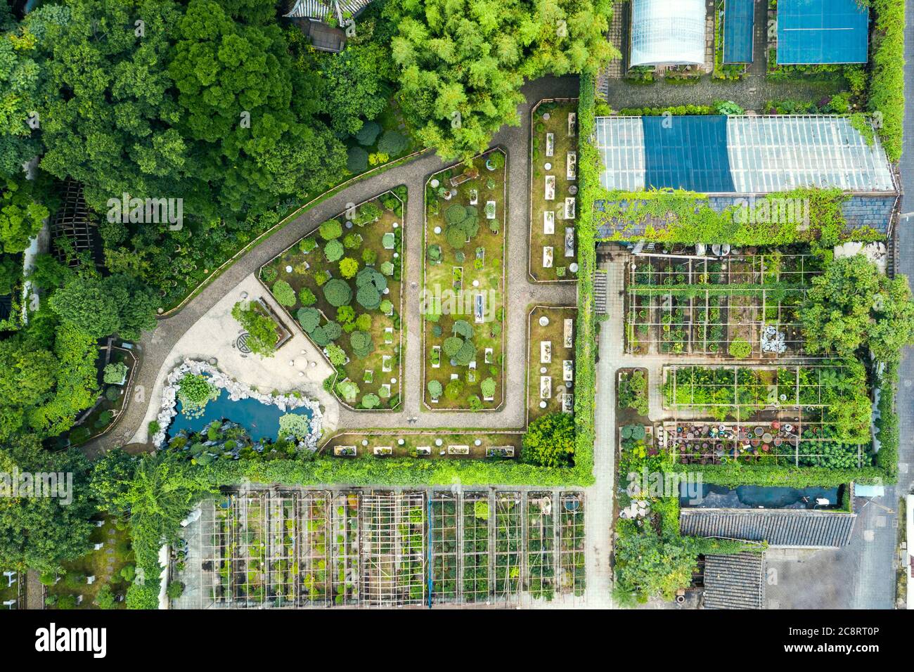 Aerial of Ancient traditional garden, aerial in Suzhou, China Stock