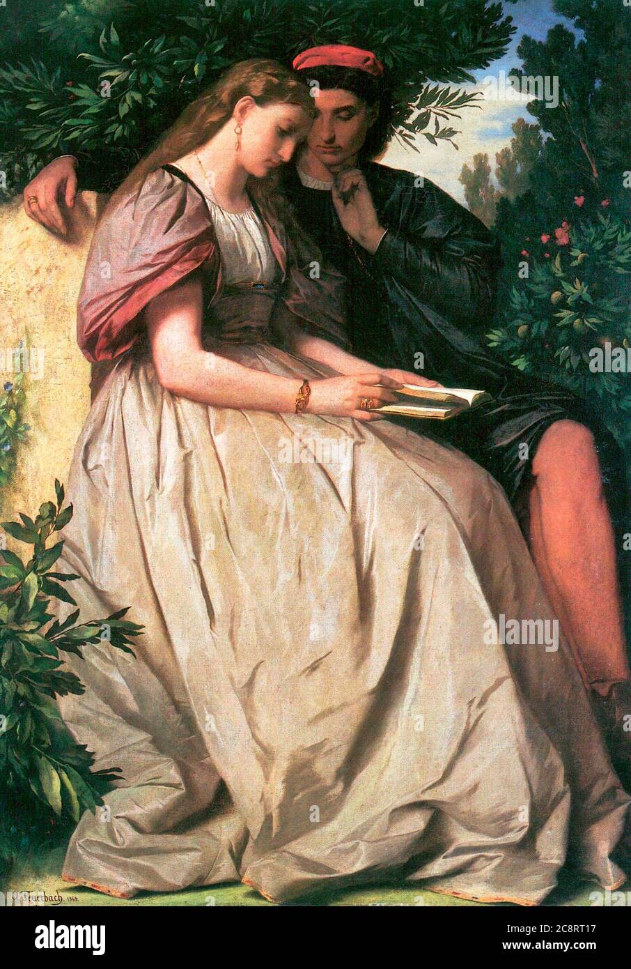 Paolo und Francesca - The young lovers discover their mutual love while reading the novel by Lancelot, the tragedy of which they become aware - Anselm Feuerbach, 1864 Stock Photo