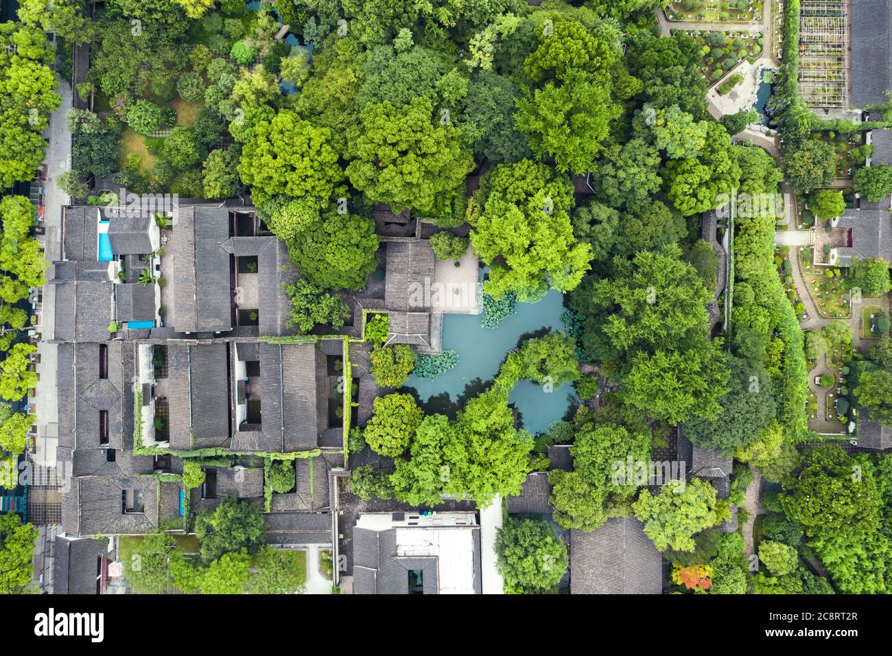 Aerial of Ancient traditional garden, aerial in Suzhou, China Stock