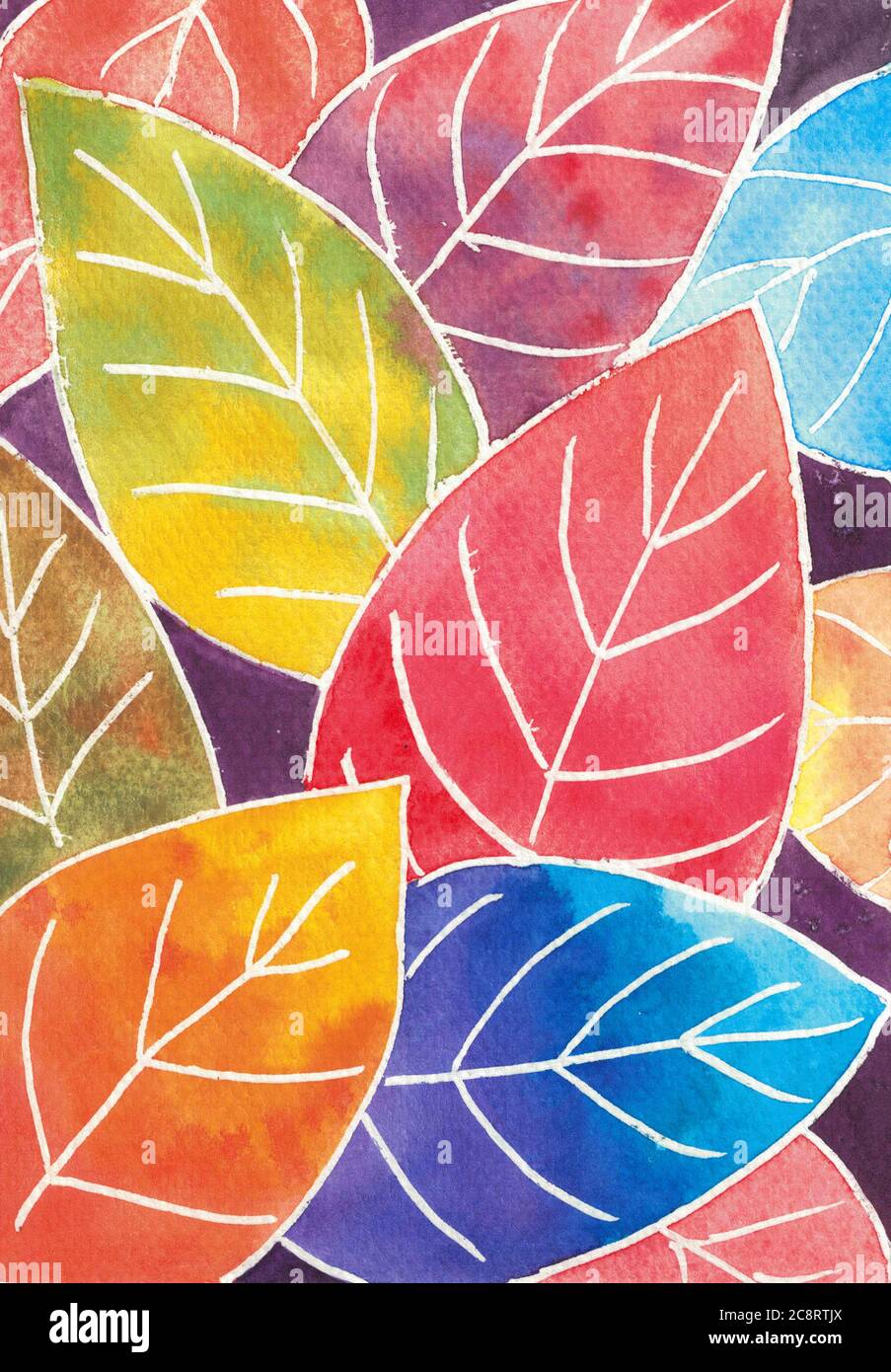colourful autumn leaves background. Watercolor hand painting Stock ...