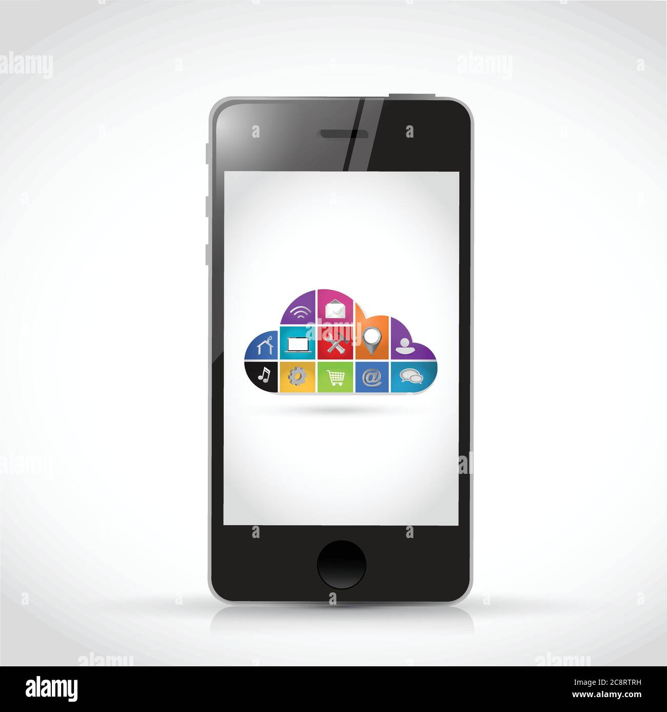 Smart phone and icon color cloud illustration design over a white ...