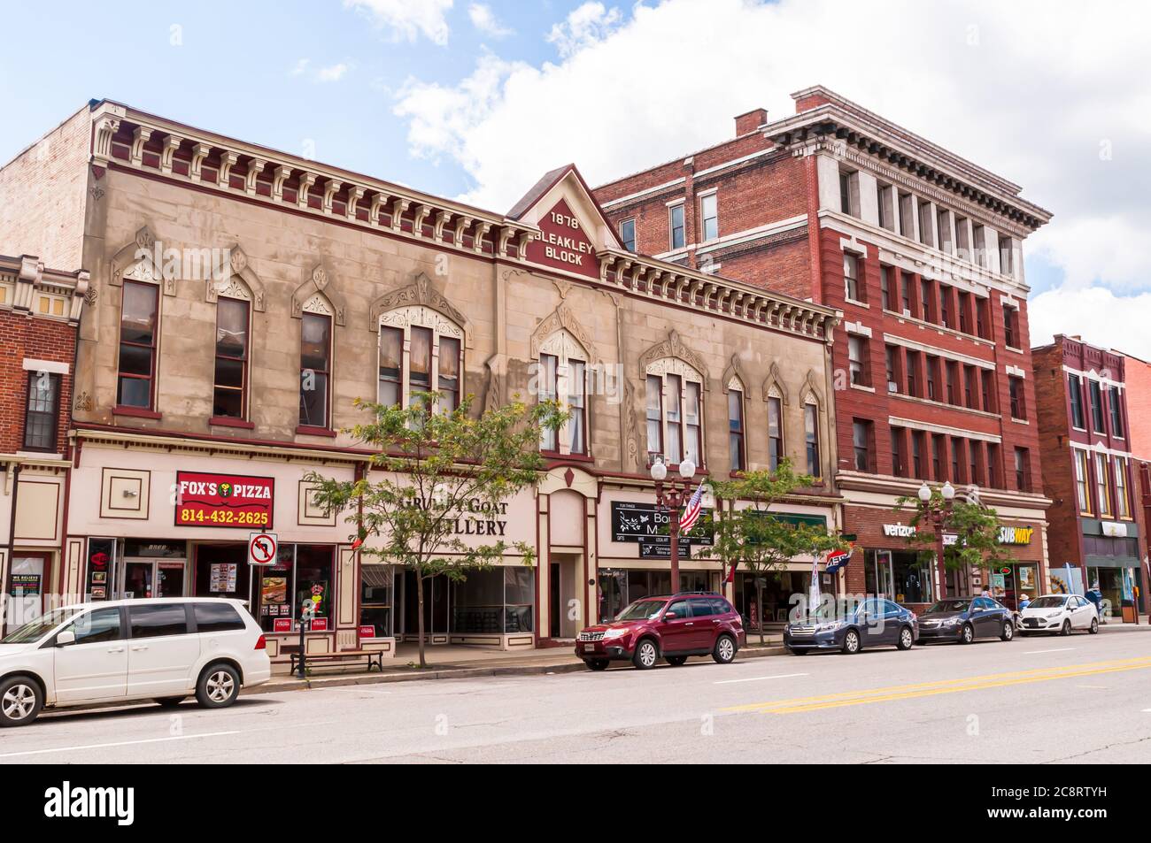 Buildings upon Liberty Street on a sunny summer day. Franklin is the
