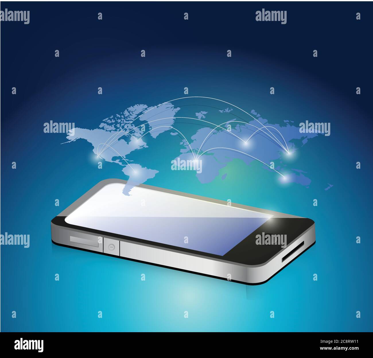Phone and world map network connection illustration design over a blue ...
