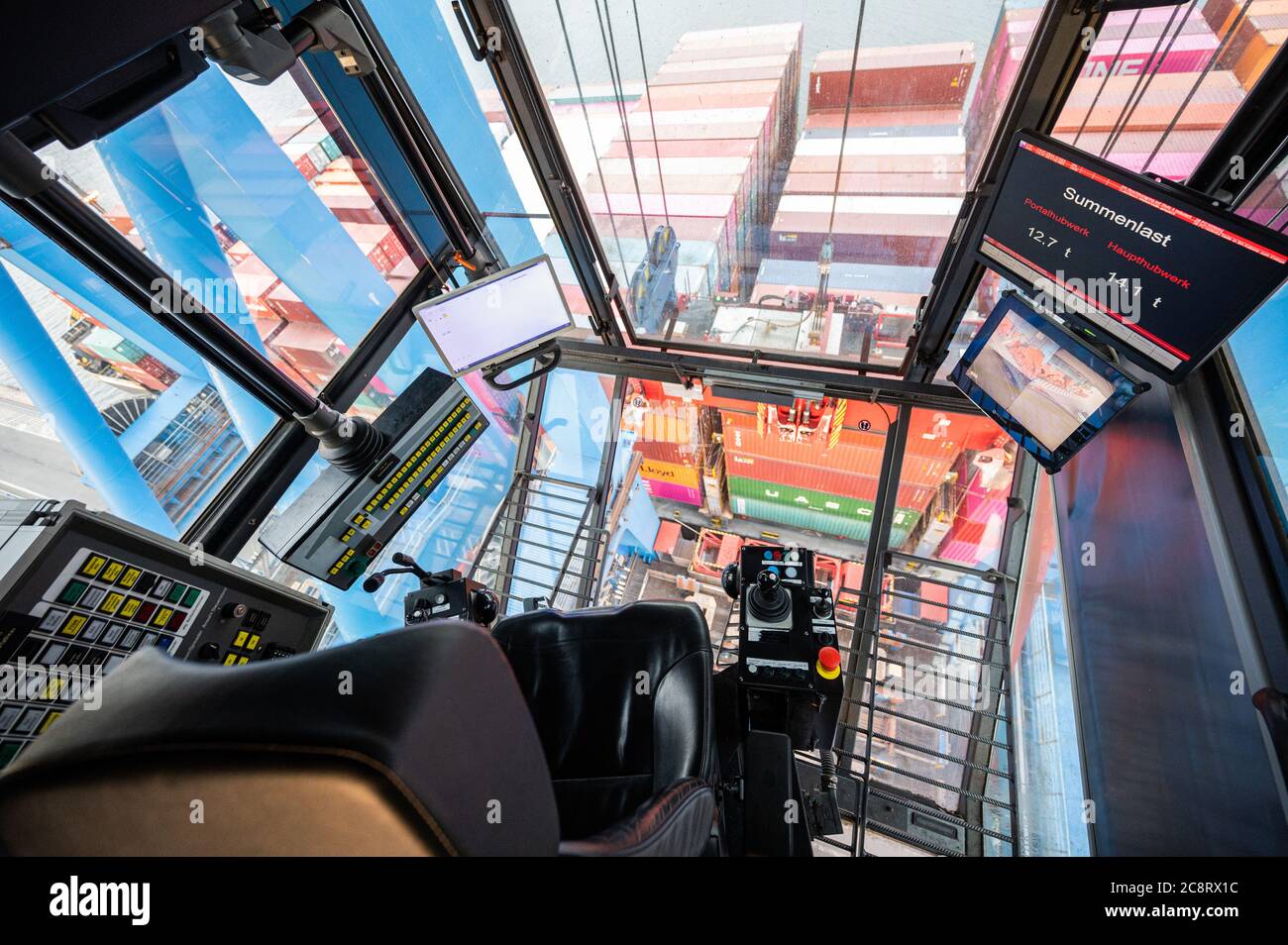 Hamburg, Germany. 16th July, 2020. The workplace of a crane operator on a container gantry crane at Container Terminal Altenwerder in the Port of Hamburg. Credit: Daniel Reinhardt/dpa/Alamy Live News Stock Photo