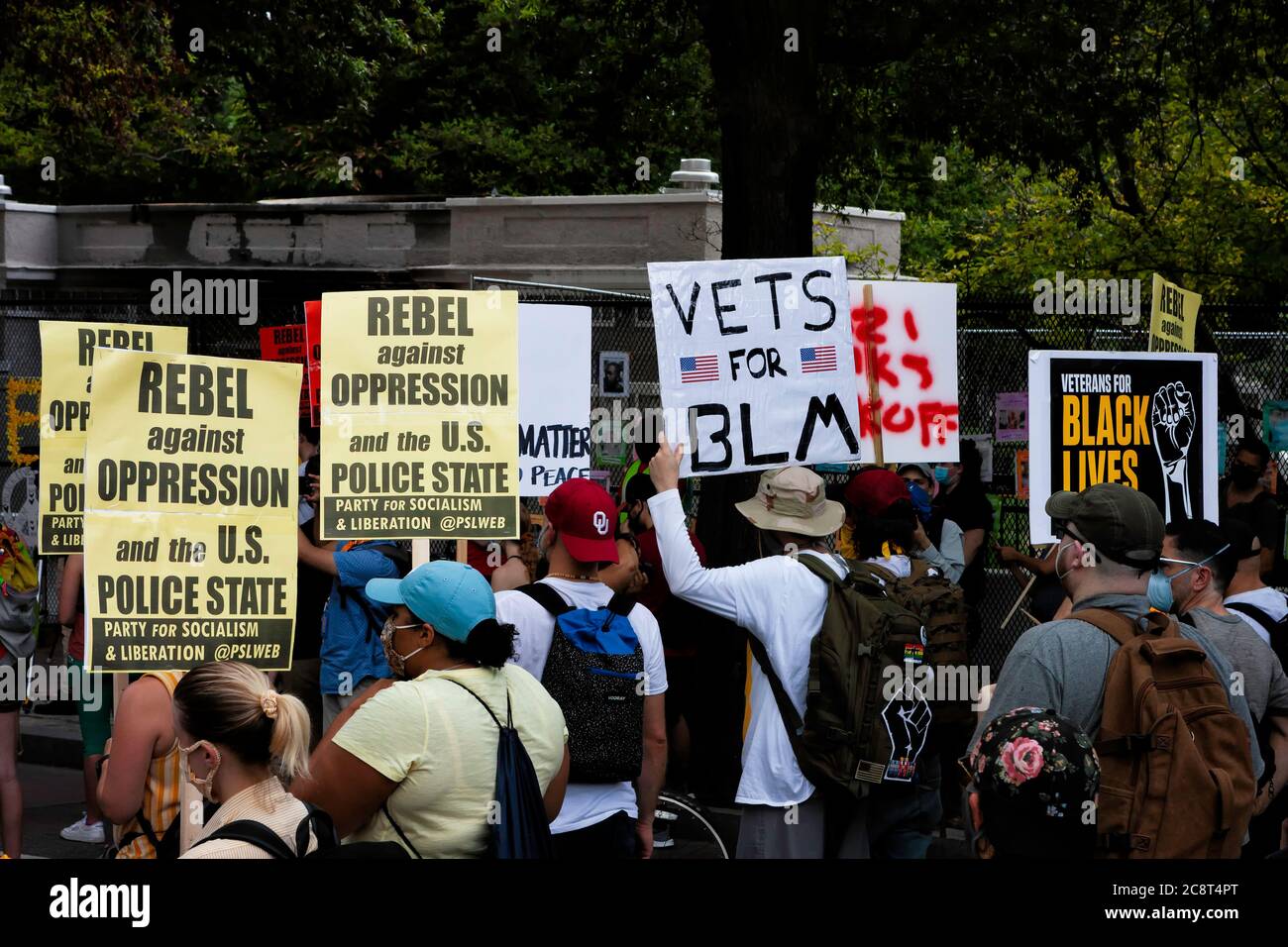 Military veterans and protesters hold signs to support black lives and free speech at March Against Trump's Police State, Washington, DC, United State Stock Photo