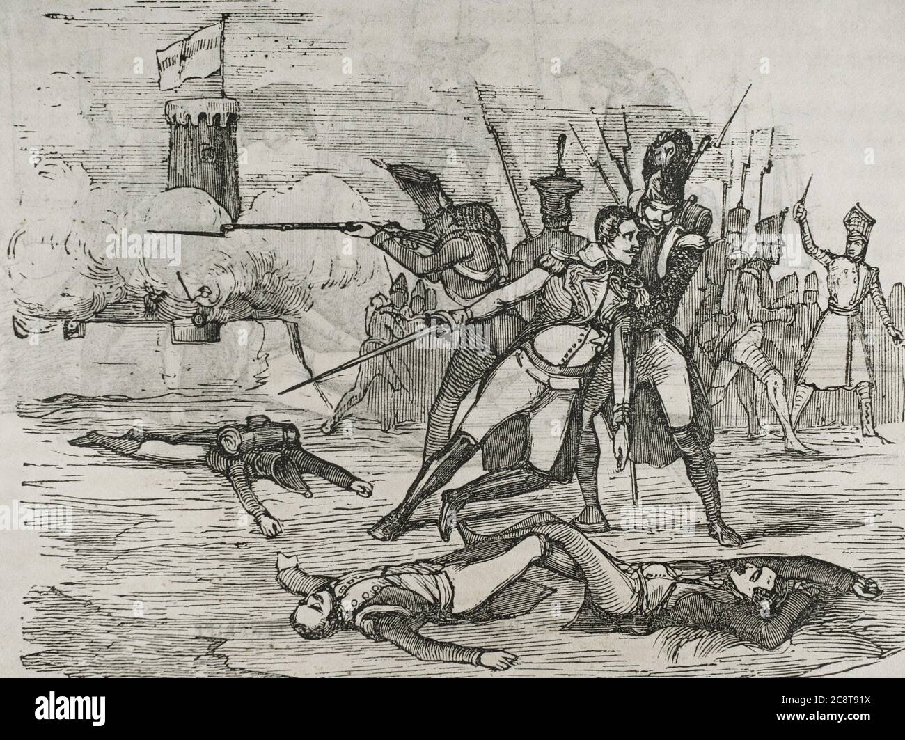 Guerra anglo-española (1796-1802). Batalla de Santa Cruz de Tenerife (25 de julio de 1797). Ataque del almirante británico Horacio Nelson, contra la ciudad de Santa Cruz de Tenerife (Islas Canarias) con victoria española, tras la defensa de la ciudad, por las Milicias Canarias bajo el mando del general Antonio Gutiérrez de Otero. Nelsón resulto herido. Derrota de Nelson en Tenerife. Grabado. "Historia del Levantamiento, Guerra y Revolución de España, por el Conde de Toreno. Madrid,1851. Stock Photo