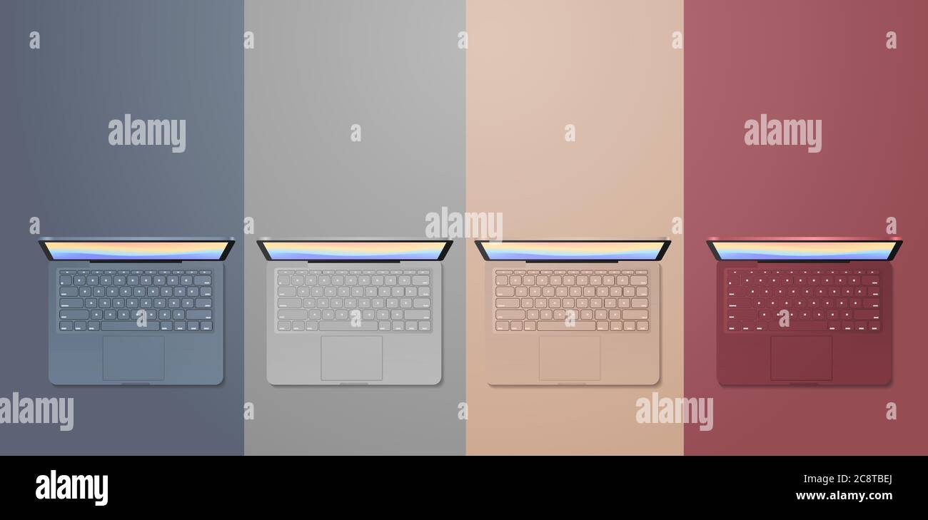 set colored laptops realistic mockup gadgets and devices concept top