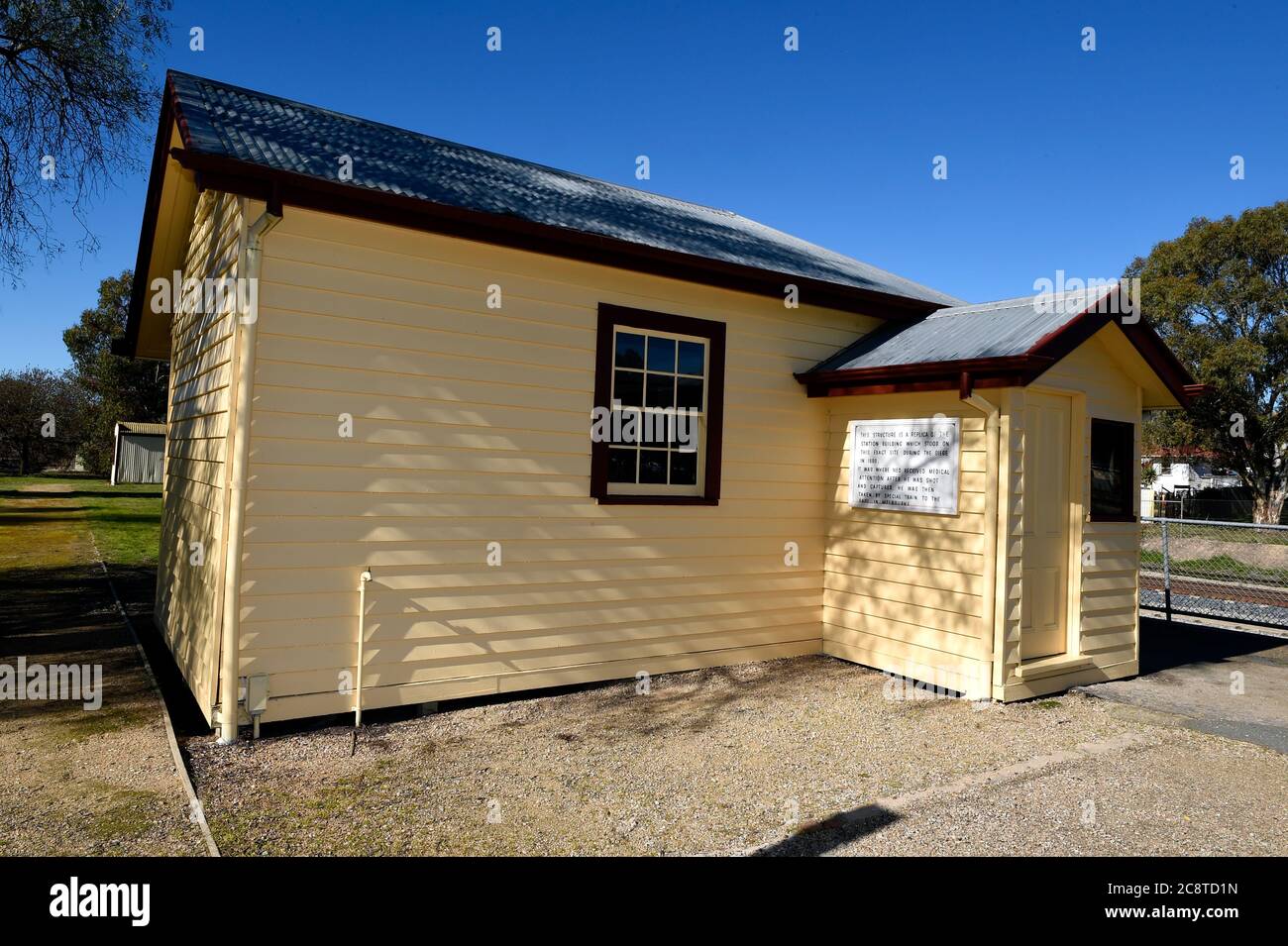 Glenrowan, Victoria. The Glenrowan Station building where the bushranger and outlaw Ned Kelly, wounded by gunshots, was treated. Stock Photo