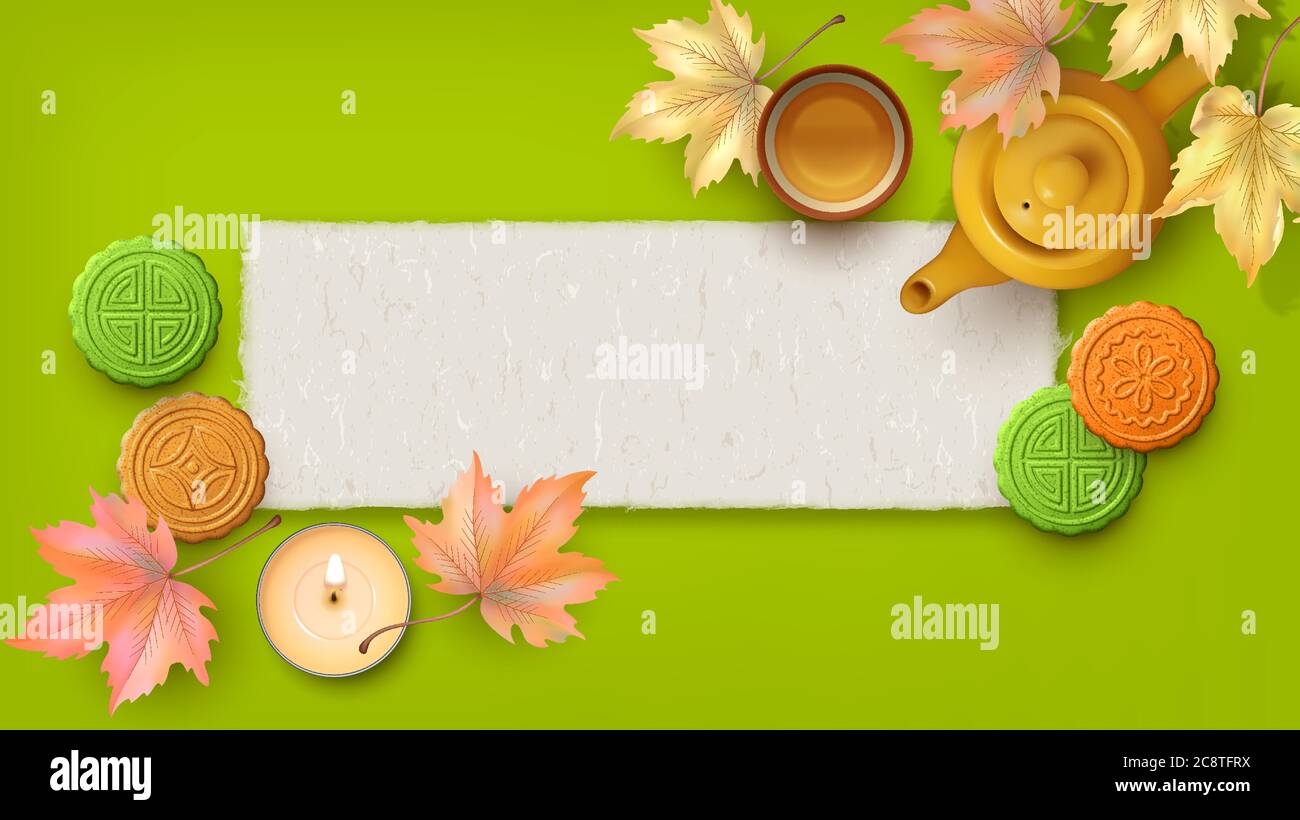 Mid Autumn Festival Card With Realistic Moon Cake Teapot Maple Leaves And A Sheet Of Watercolor Paper With Torn Edges Stock Vector Image Art Alamy
