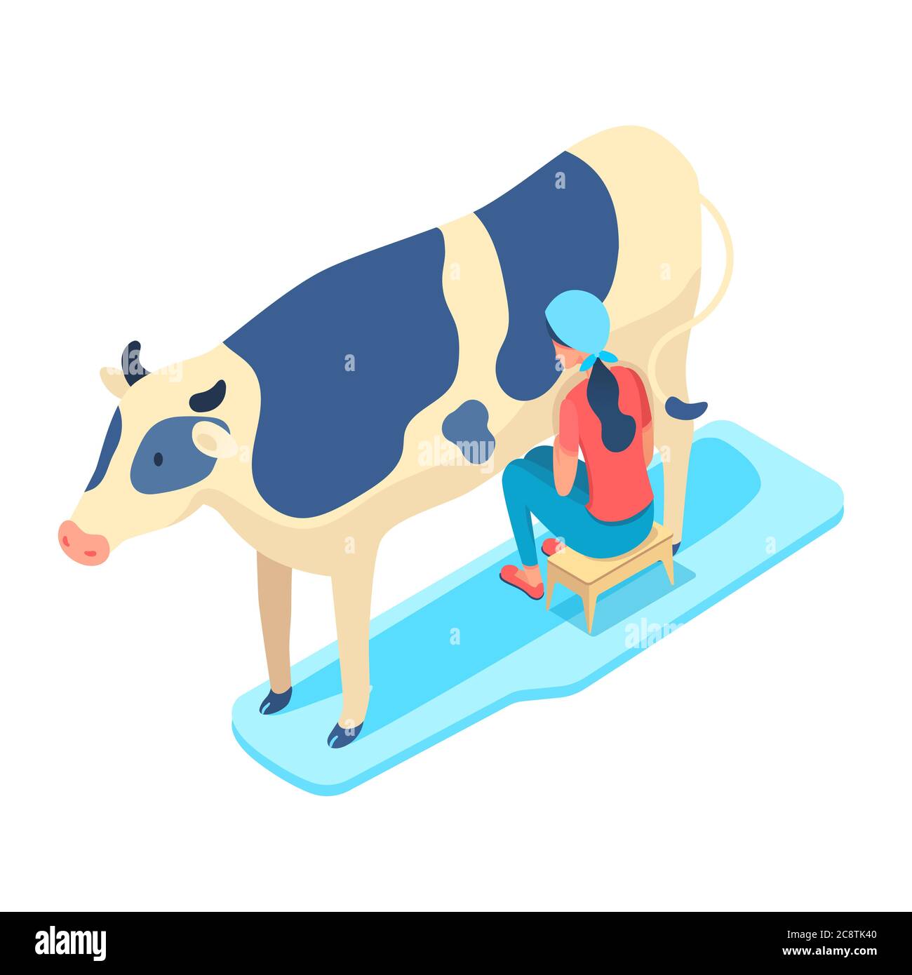 Woman milking cow isometric vector illustration Stock Vector