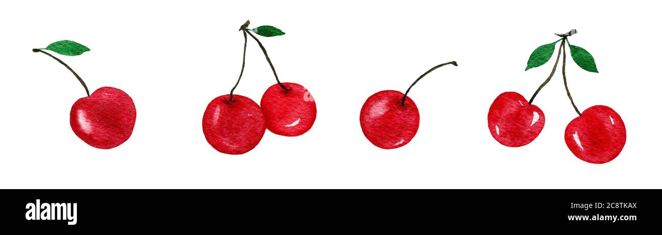 cherry fruit set isolated on white, hand drawn watercolor illustration with cherry fruit design, fruit or food icon Stock Photo