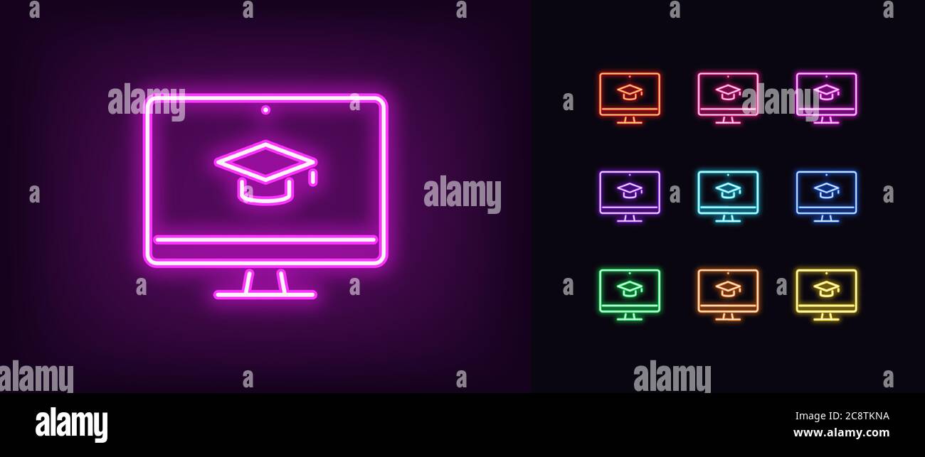 Neon online education icon. Glowing neon webinar sign, digital study in vivid colors. Video course, distance learning, teaching platform. Icon set, si Stock Vector
