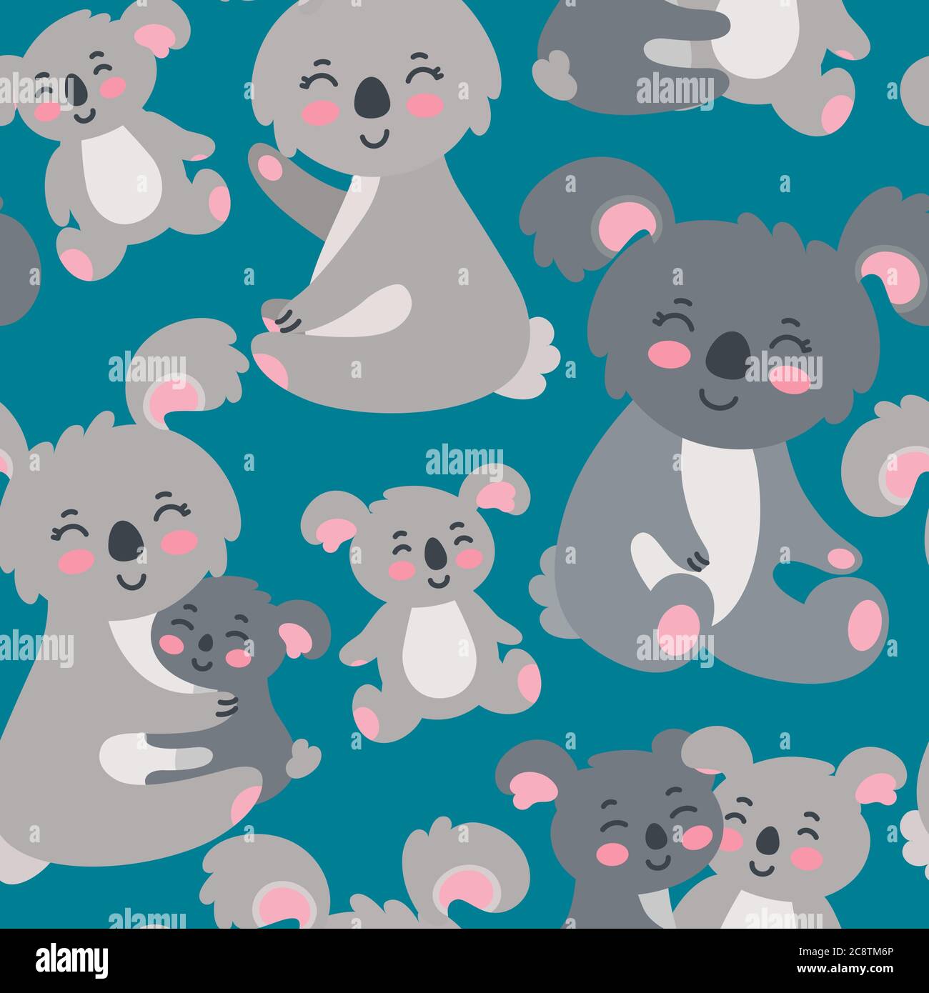 Seamless pattern with koala family on blue background. Happy koalas ...