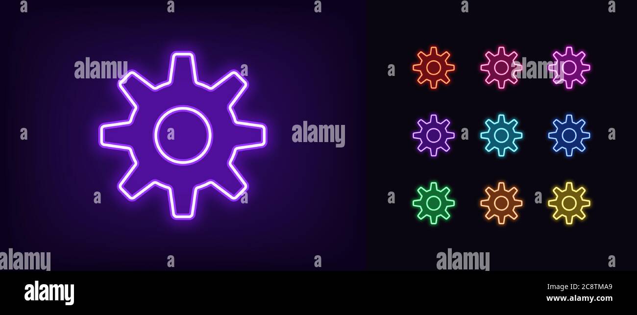 Neon gear icon. Glowing neon settings sign, gearwheel in vivid colors. Cogwheel, adjustment tool, app option, system configuration. Icon set, sign, sy Stock Vector