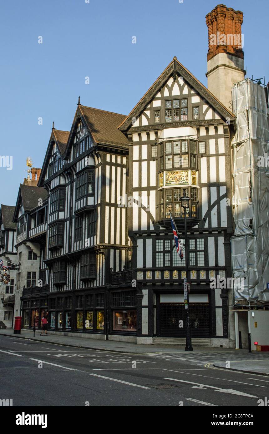London, UK - April 24, 2020:  Exterior of the famous Liberty of London shop in Westminster.  The retailer sells clothes, household goods, stationery, Stock Photo