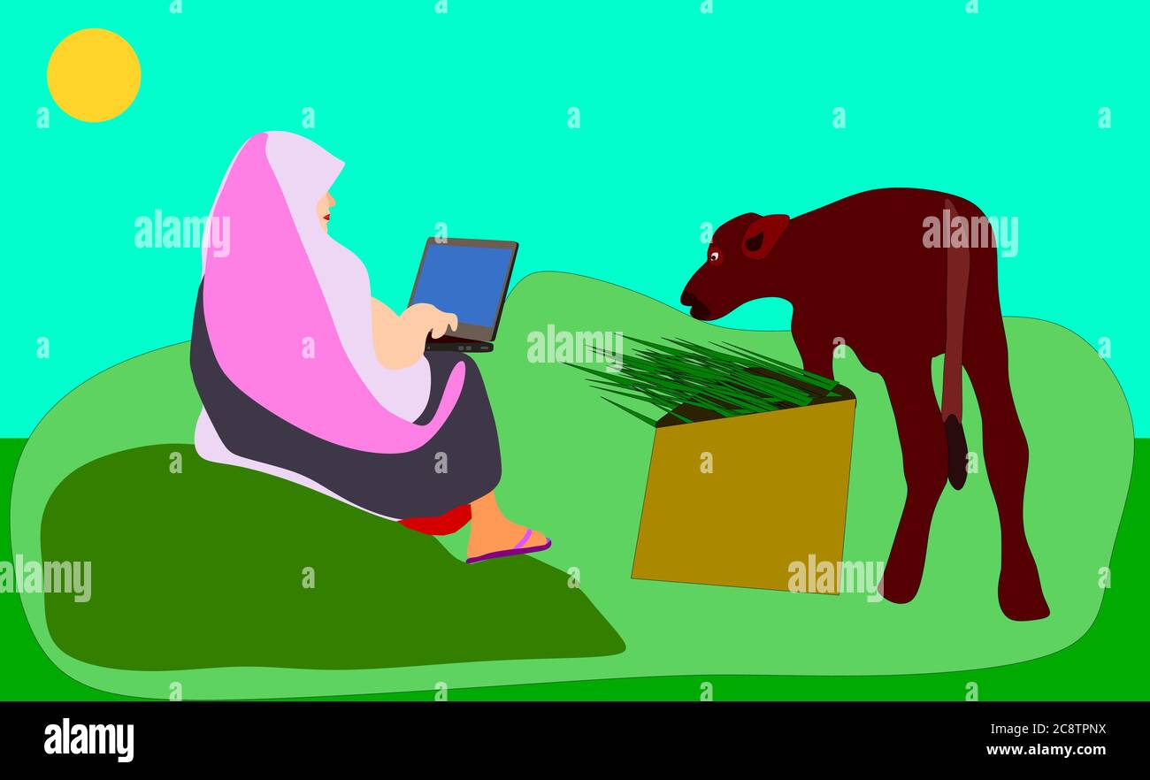 An indian village poor matured lady cartoon operating laptop on natural farmers field, around mammals. Stock Vector