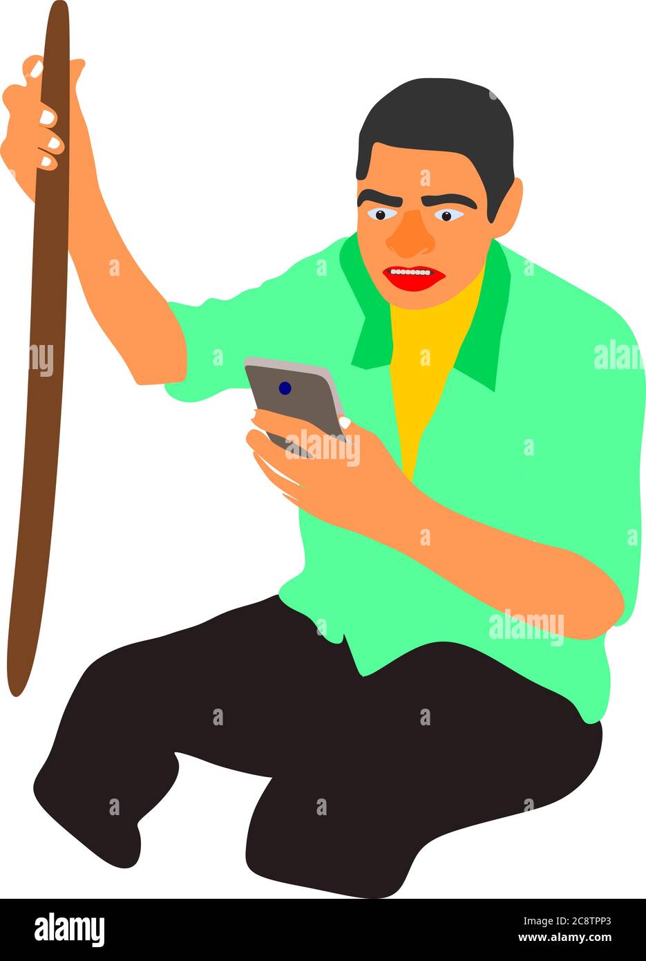 An indian village poor man cartoon watching smart phone holding sticks on hand. Stock Vector