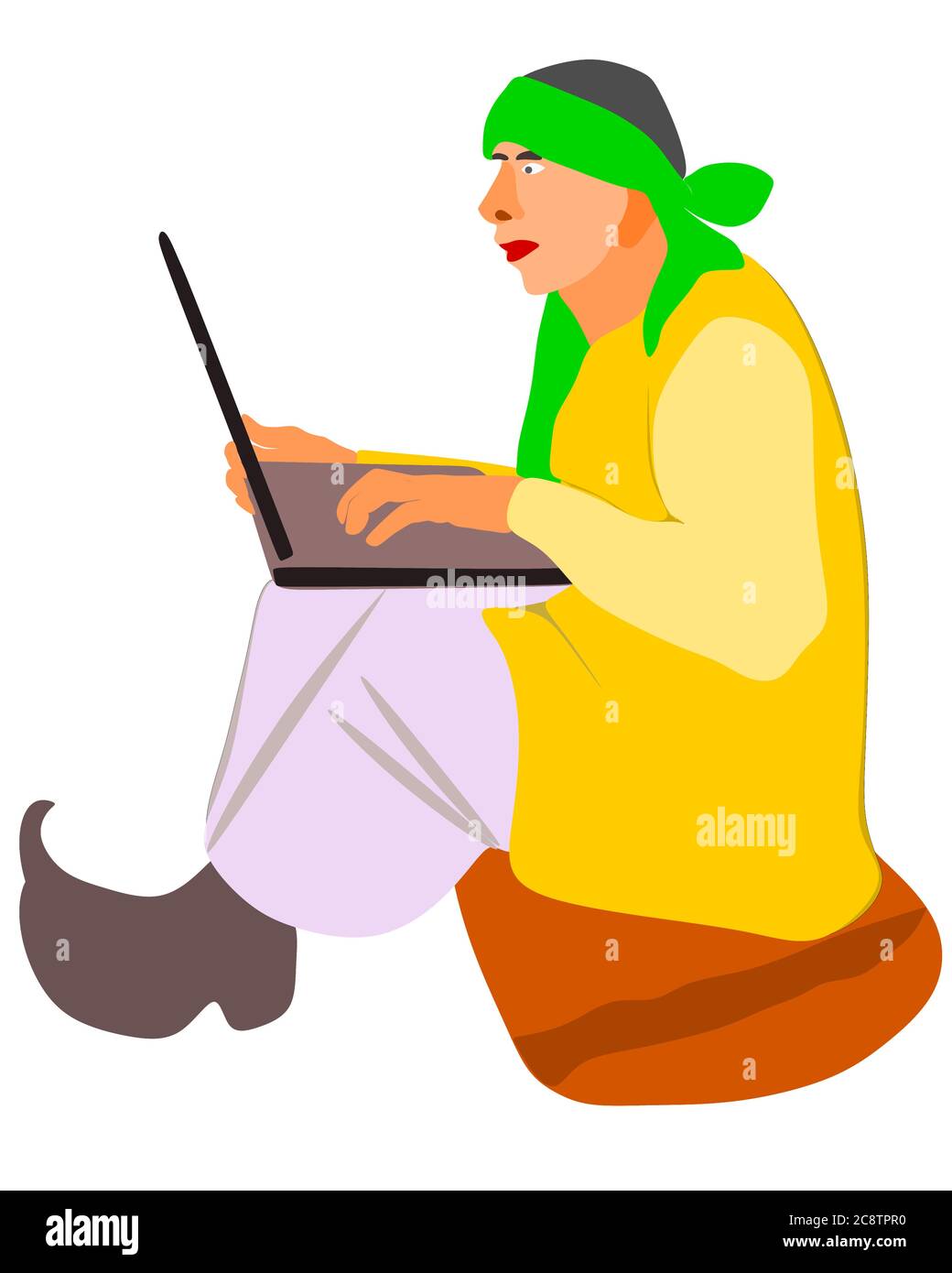 An indian village old poor farmer man cartoon operating computer technology wearing tradition dress. Stock Vector
