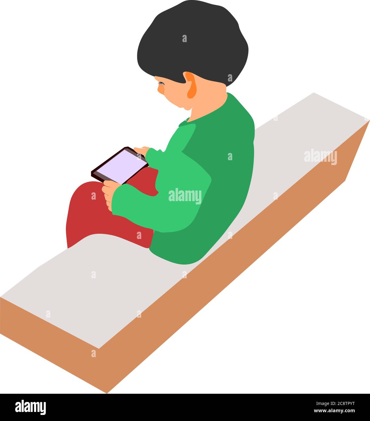 An indian village kid cartoon watching mobile on isolated background, seating at stone table. Stock Vector