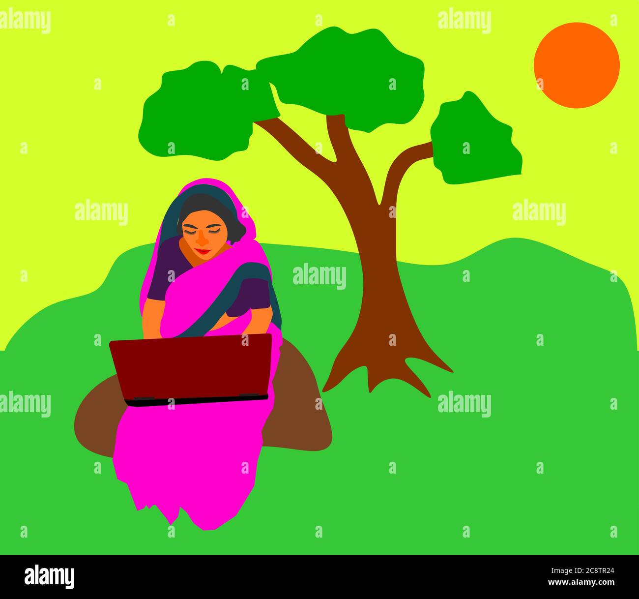 An indian village old poor lady cartoon operating laptop on natural field at beautiful background. Stock Vector