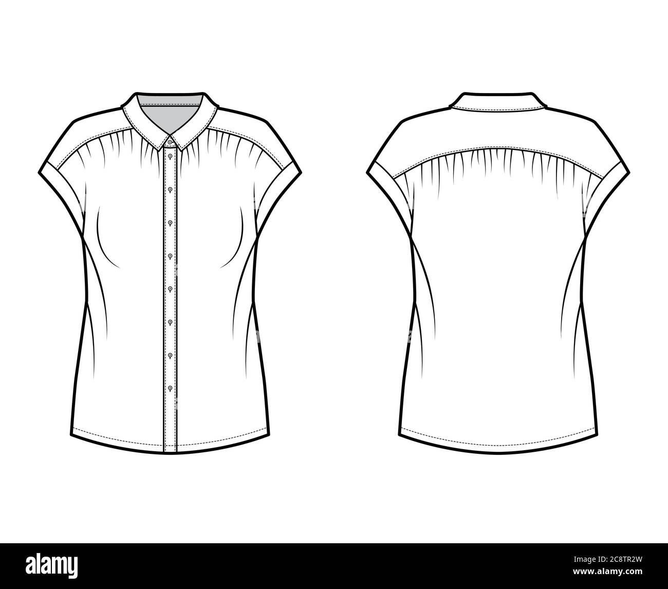 Gentle pleats shirt technical fashion illustration with loose silhouette, regular colar with stand, sleeveless. Flat blouse apparel template front, back white color. Women, men unisex top CAD mockup Stock Vector