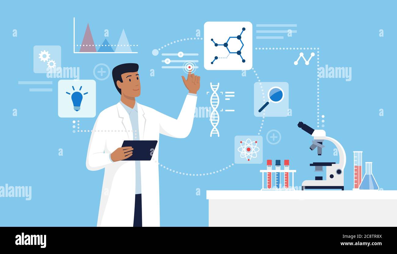 Scientific research and technology: scientist working in the lab and interacting with a virtual user interface, scientific equipment in the foregound Stock Vector