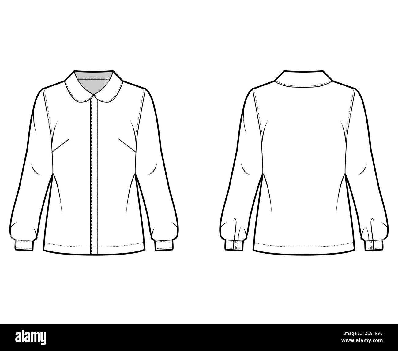 Round collar shirt technical fashion illustration with loose silhouette, long sleeve with cuff, front button fastening. Flat apparel blouse template front back white color. Women, men unisex top CAD Stock Vector