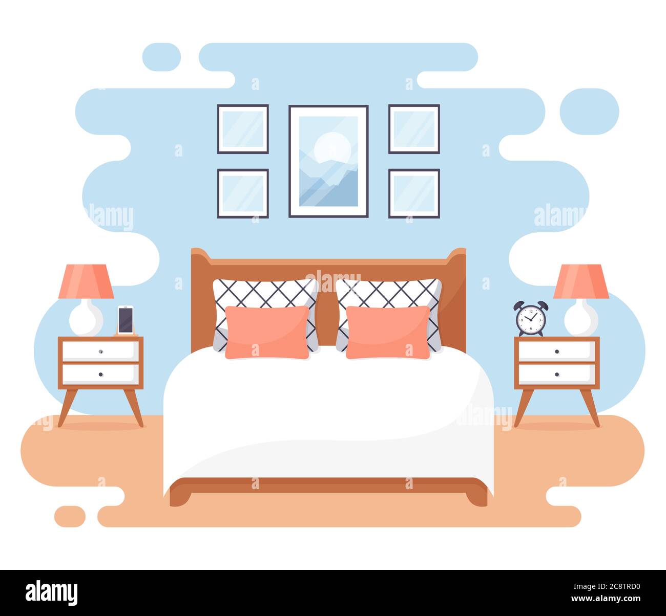 Bedroom interior. Modern banner. Vector. Design of a cozy room with double bed, bedside tables, and decor accessories. Home or hotel furnishings. Flat Stock Vector