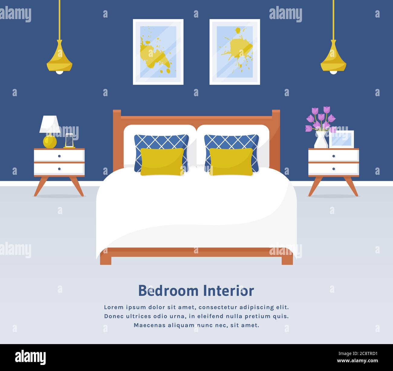 Bedroom interior. Vector web banner with place for text. Modern room design with double bed, bedside tables, and decor accessories. Home furnishings. Stock Vector