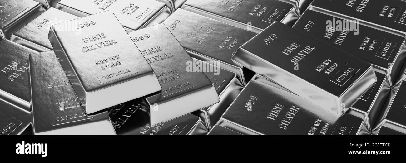 Close up view of Silver bars or ingots in bank vault background. Precious metal.3D illustration . Stock Photo