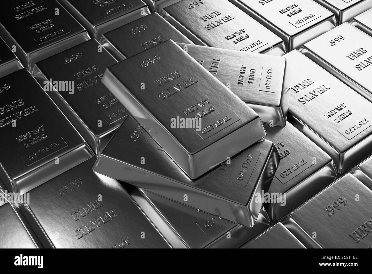 Close up view of Silver bars or ingots in bank vault background. Precious metal.3D illustration . Stock Photo