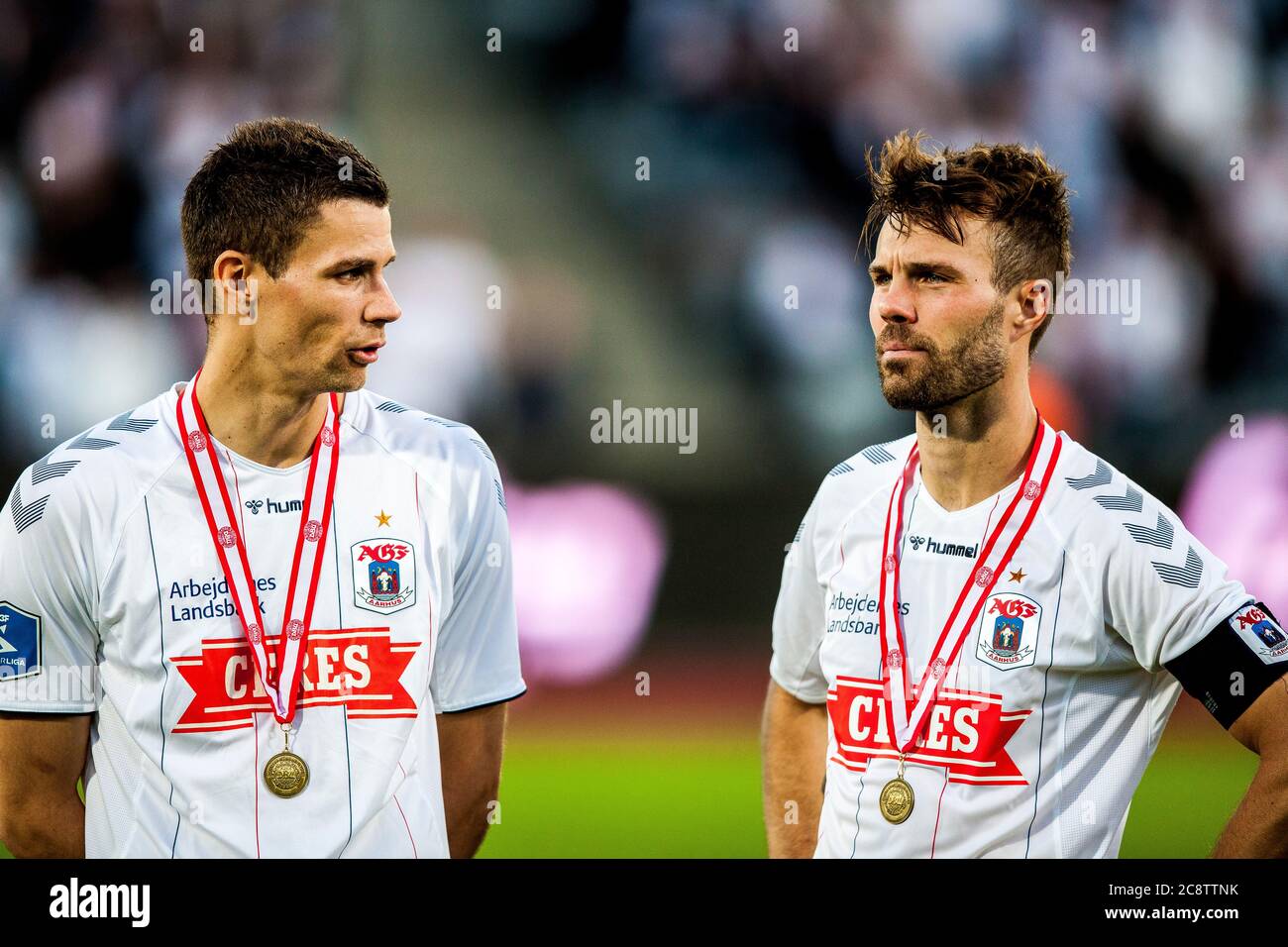 Aarhus, Denmark. 26th July, The players of AGF receive bronze medals the 3F Superliga match AGF and Brondby IF at Ceres Park in Aarhus. Here Nicklas Helenius (L) and