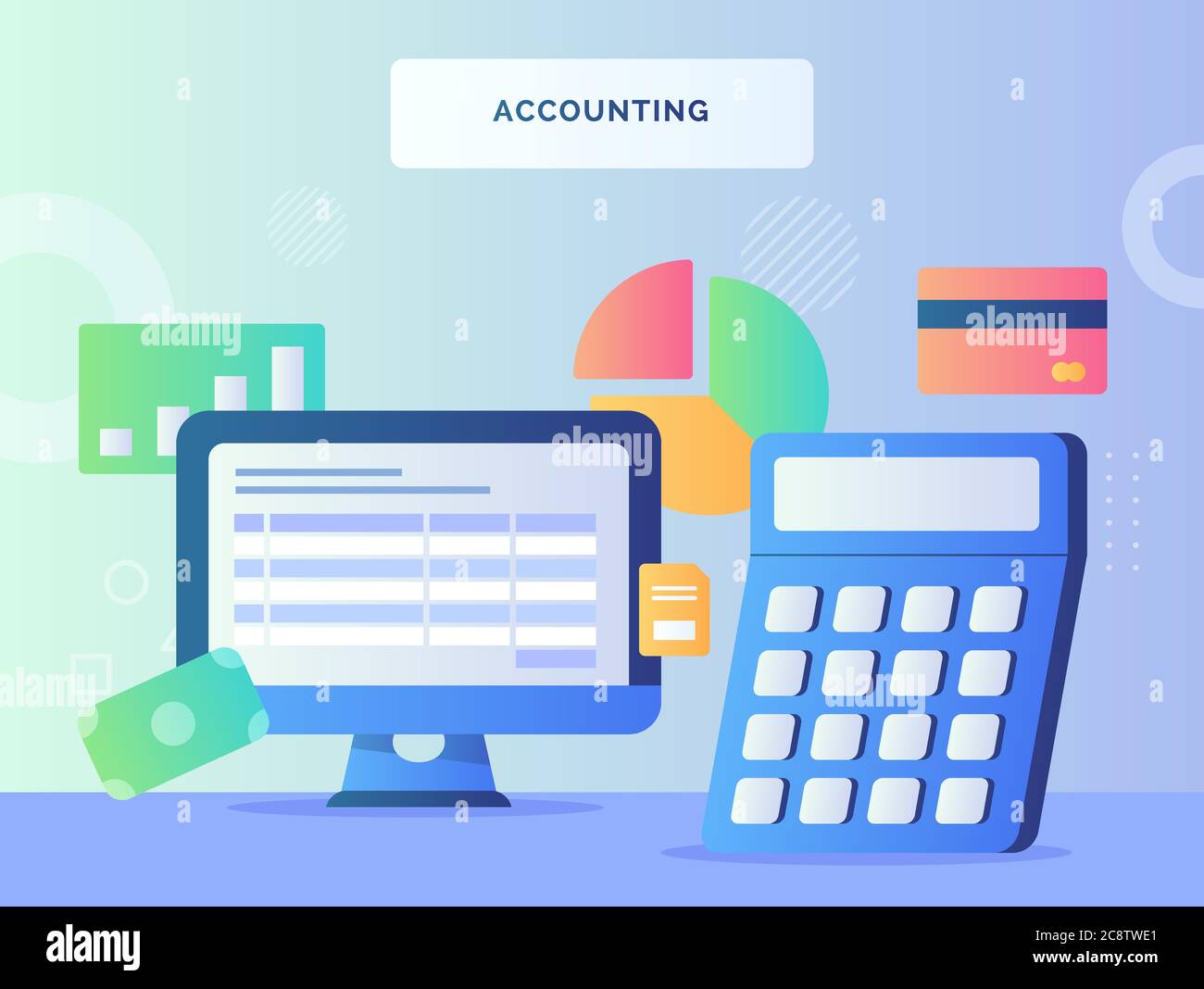 Computer nearby calculator background of money pie chart card bank