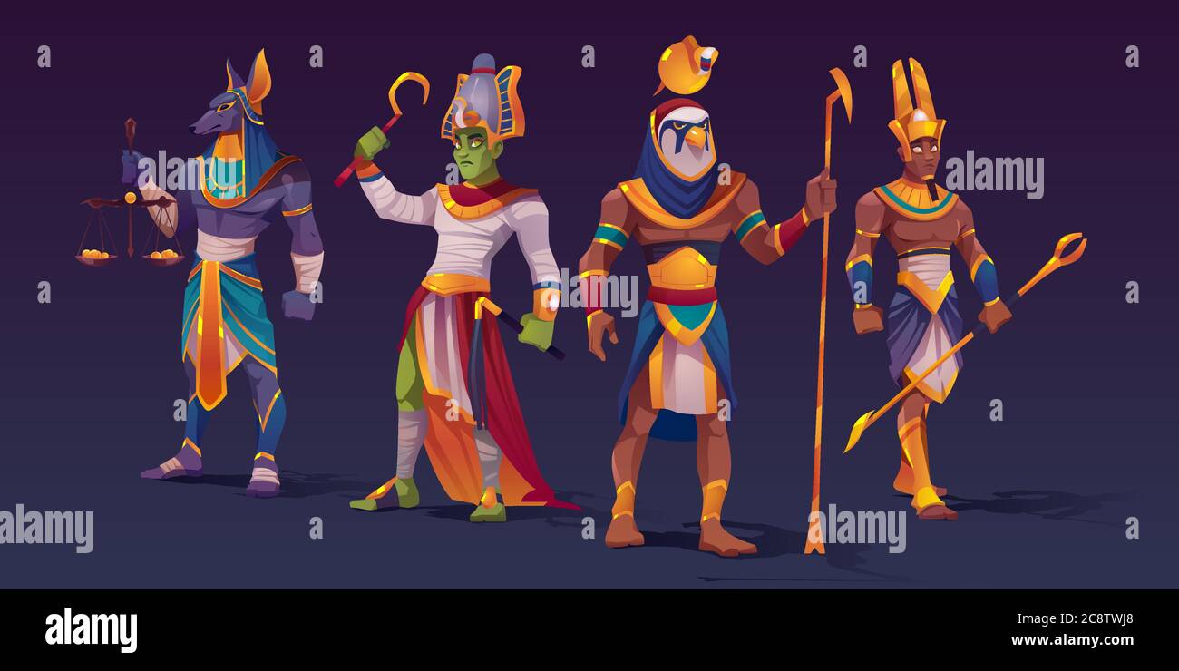 Egyptian gods Anubis, Ra, Amon and Osiris. Ancient Egypt deities characters in pharaoh clothes holding divine attributes of power as scales with golden coins and staffs, Cartoon vector illustration Stock Vector