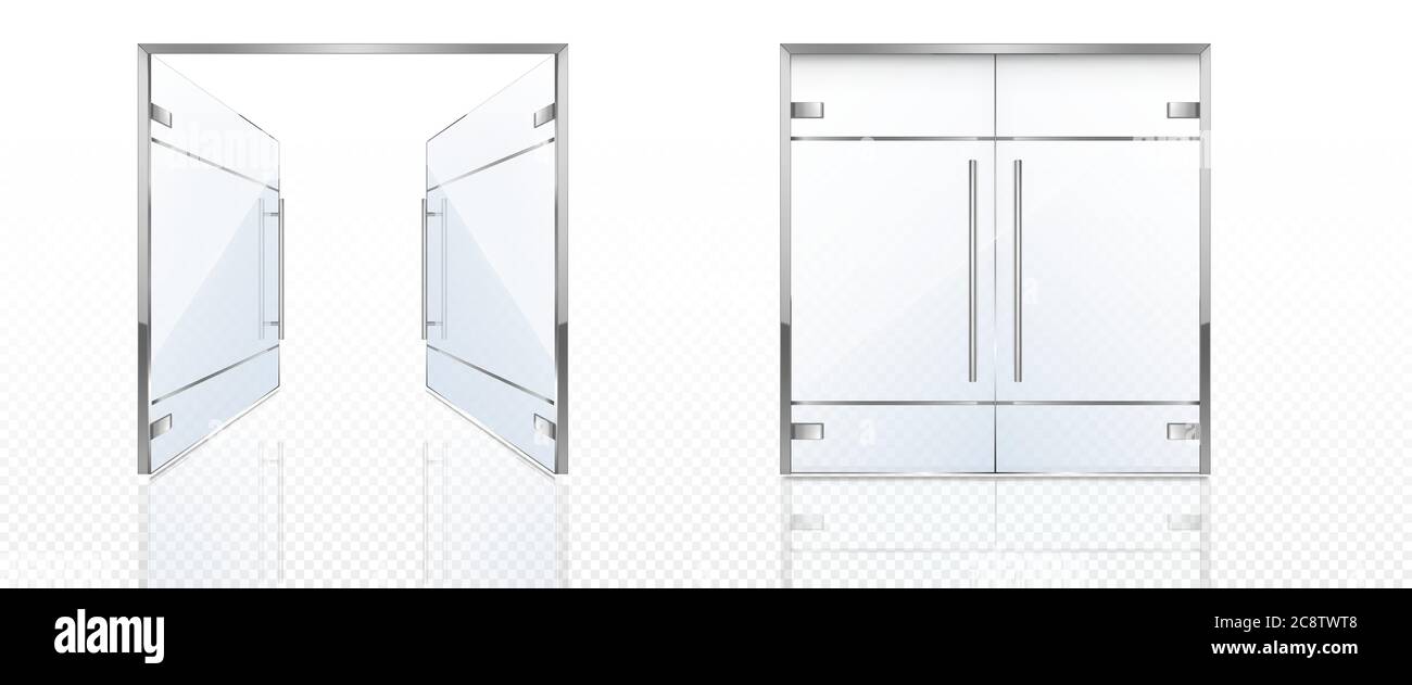 Download Double Glass Doors With Metal Frame And Handles Vector Realistic Mockup Of Open And Closed Doors Isolated On Transparent Background Glass Gate Entrance In Store Mall Or Office Stock Vector Image