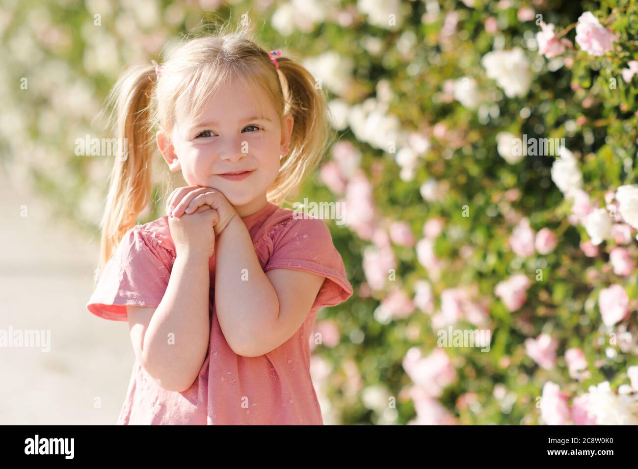 Cute kid girl 2-3 year old with blonde hair posing over nature flower  background closeup. Having fun. Childhood. Summer season Stock Photo - Alamy