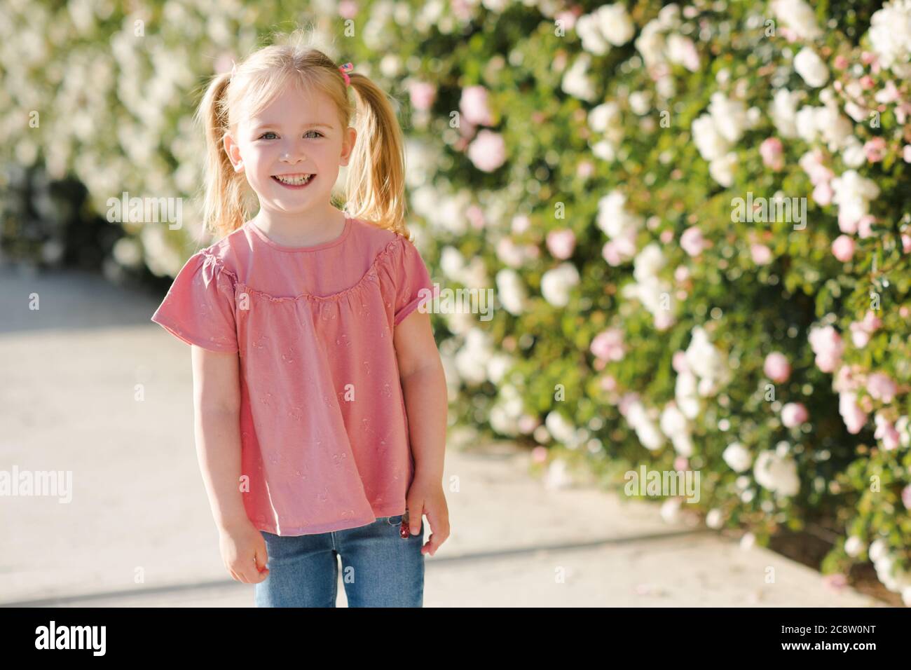 Funny child girl 2-3 year old smiling over rose flower background closeup. Looking at camera. Childhood. Summer season. Happiness. Stock Photo